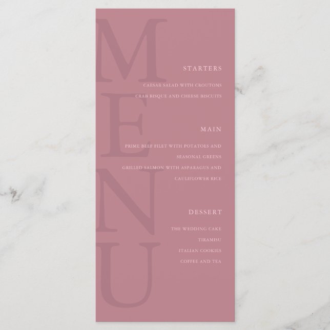 Moderne Dusty Rose Minimalistisch Hochzeit Menükarte (Vorderseite)