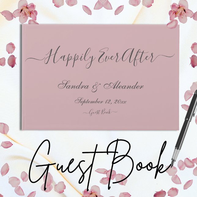 Moderne Dusty Rose Pink Black Script Hochzeit Gästebuch (Von Creator hochgeladen)