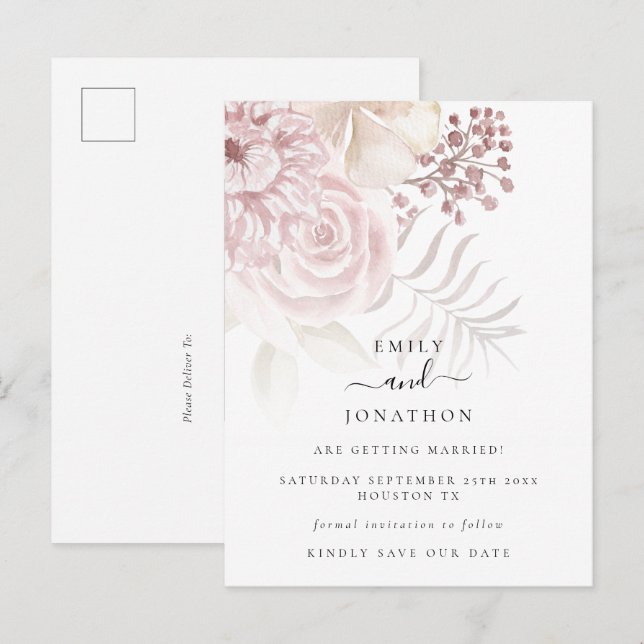 Moderne Dusty Rose Rosa Florals Save the Date Ankündigungspostkarte (Vorne/Hinten)