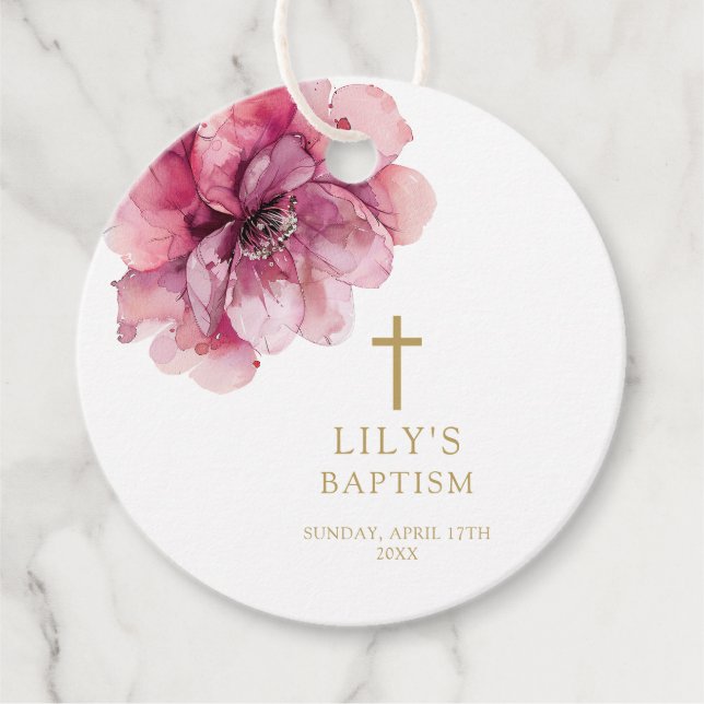 Moderne Dusty-Rose Wasserfarbene Blumentaufe Geschenkanhänger (Vorderseite)