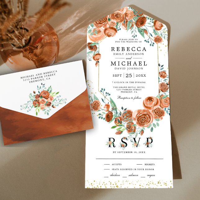 Moderne Earthy Burnt Orange Floral Wedding All In One Einladung (Von Creator hochgeladen)