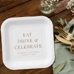 Moderne Eat Drink Celebrate White Gold Hochzeit Pappteller<br><div class="desc">Moderne White Paper Teller für Ihre Hochzeitsfeier,  Probe Dinner,  Verlobungsfeier und andere Hochzeitsveranstaltungen mit "Eat Drink & Celebrate",  Ihren Vornamen und Ihrem Hochzeitsdatum in eleganter Goldserf-Typografie.</div>