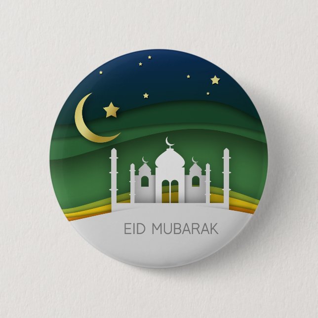 Moderne Eid Mubarak Paper Cut Moschee - Schaltfläc Button (Vorderseite)
