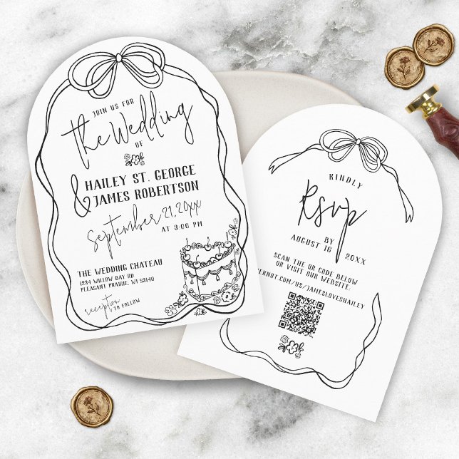 Moderne, eigenartige, handgezogene Bugbrust Einladung (Retro modern arch hand drawn black and white coquette bow floral vintage simple  wedding invitation)