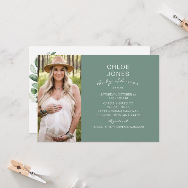 Moderne, einfache Babydusche per Mail Foto Sage Einladung (Vorderseite/Rückseite Beispiel)
