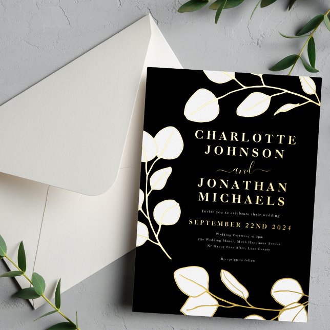 Moderne, einfache Blätter Schwarz-weiß Gold Folieneinladung (Minimalist leaf stylish modern black and white gold foil wedding invitation )