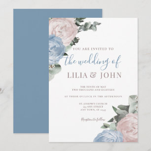 Moderne einfache Blumendusty Blue und Rose Wedding Einladung