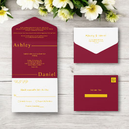 Moderne, einfache Burgund und Gold delikate Hochze All In One Einladung