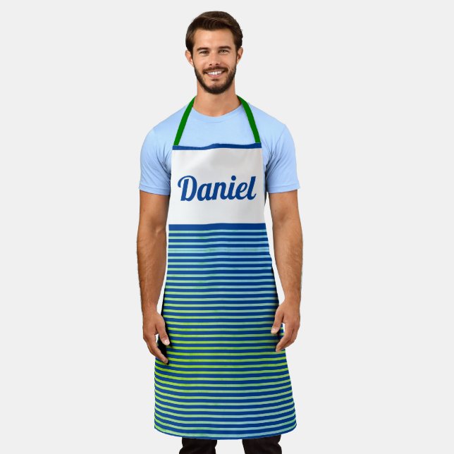 Moderne, einfache Coole Streifen Blaue Namensvorla Schürze (Getragen)