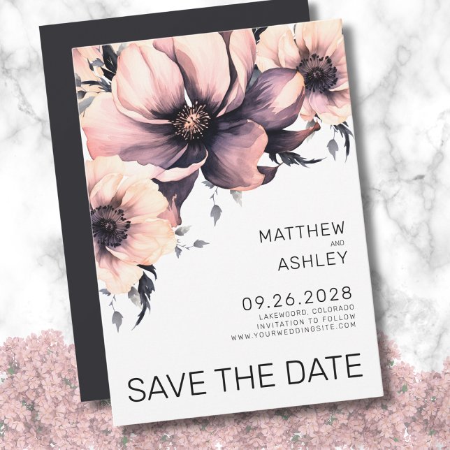 Moderne, einfache, elegante Rosa Blumenhochzeit Save The Date (Simple Elegant Floral Pink Black White Wedding Save the Date)