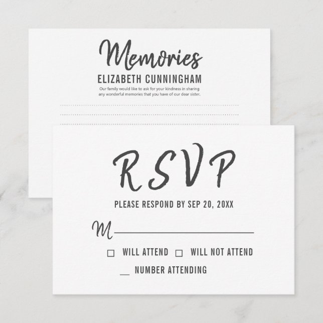 Moderne einfache Erinnerungen-Gedenkantwort RSVP Karte (Vorne/Hinten)