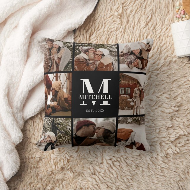 Moderne, einfache FamilienfotoCollage | Monogramm- Kissen (Decke)