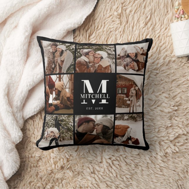 Moderne, einfache FamilienfotoCollage | Monogramm- Kissen (Decke)
