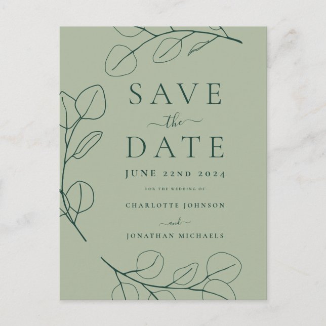 Moderne einfache Foliage Grüne Hochzeit Ankündigungspostkarte (Vorderseite)