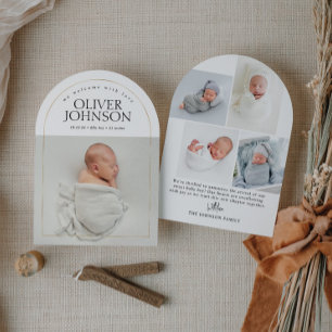 Moderne einfache goldene Bogen-Baby-Foto-Geburtsan Einladung