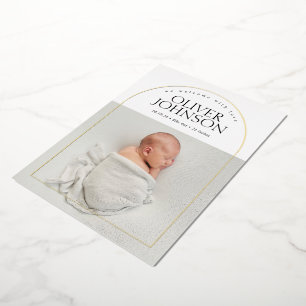 Moderne einfache goldene Torbogen-Baby-Foto-Geburt Folieneinladung