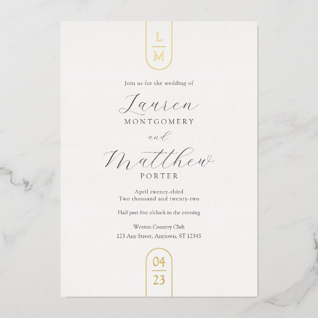 Moderne einfache Goldfolien-Monogramm-Hochzeit Folieneinladung (Vorderseite)