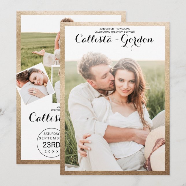 Moderne einfache Goldgrenzenfotografie-Hochzeit Einladung (Vorne/Hinten)