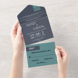 Moderne, einfache Hochzeit in Blaublau Aquamarin All In One Einladung