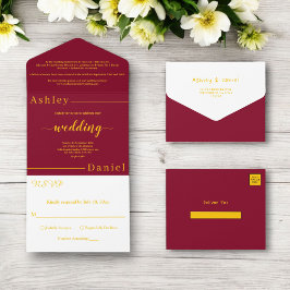 Moderne, einfache Hochzeit in Burgund und Gold All In One Einladung