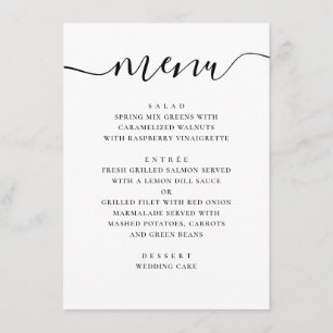 Moderne, einfache Hochzeit. Schwarzweiß-Skript Menükarte