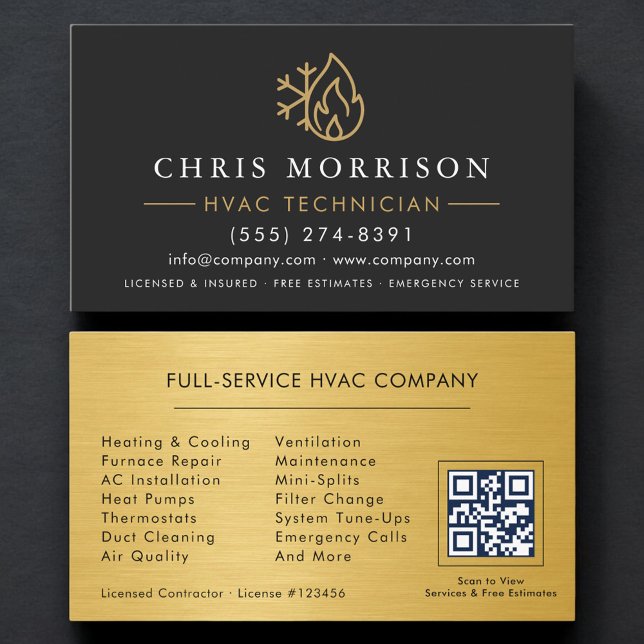 Moderne einfache HVAC-QR-Code Schwarz Gold Visitenkarte (Von Creator hochgeladen)