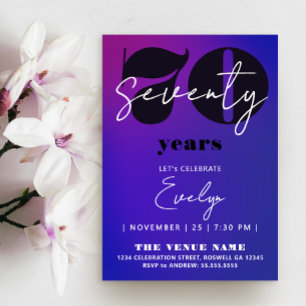 Moderne einfache lila blaue Ombre 70er fette Typo Einladung