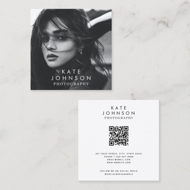 Moderne einfache Minimal Foto QR Code Social Media Quadratische Visitenkarte (Vorne/Hinten)