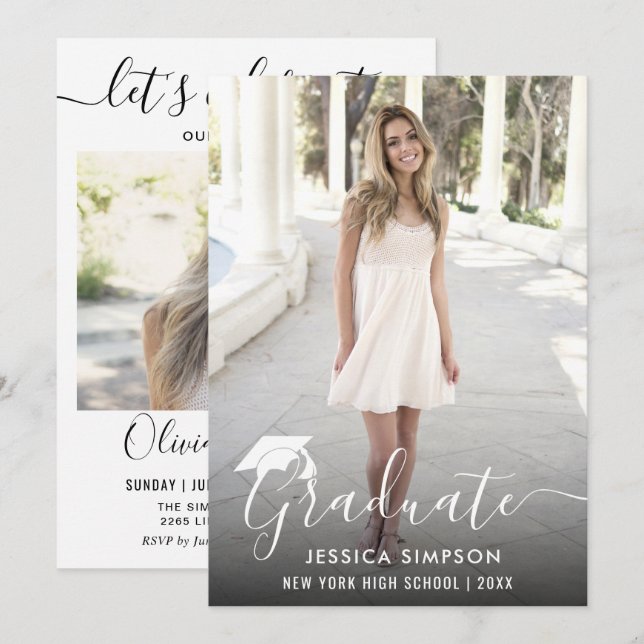 Moderne Einfache Minimalistisch-2-FOTO-Graduierung Einladung (Vorne/Hinten)