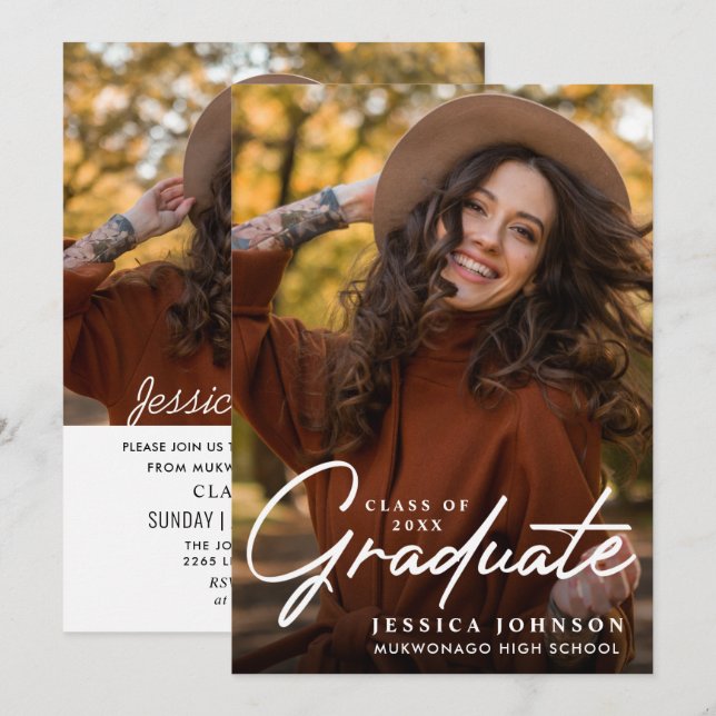 Moderne Einfache Minimalistisch-2-FOTO-Graduierung Einladung (Vorne/Hinten)