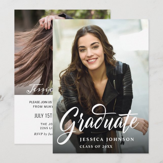 Moderne Einfache Minimalistisch-2-FOTO-Graduierung Einladung (Vorne/Hinten)
