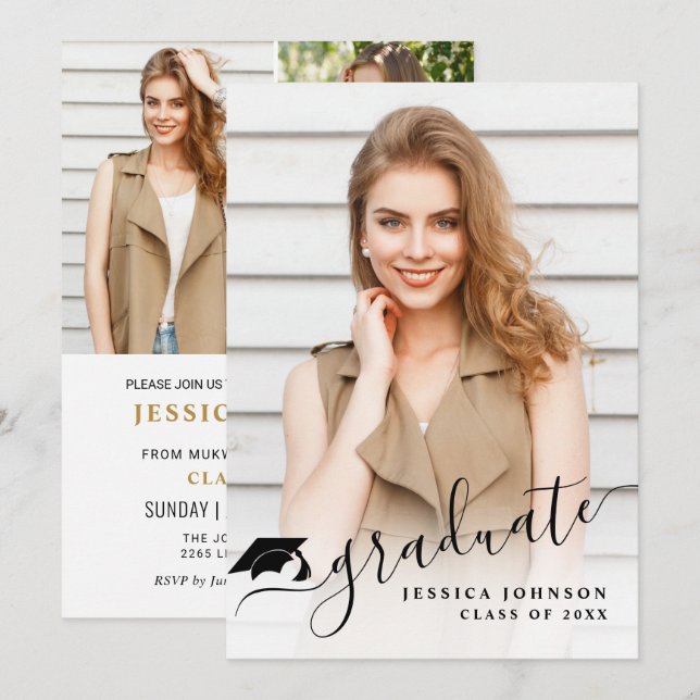 Moderne Einfache Minimalistische 4-FOTO-Graduierun Einladung (Vorne/Hinten)