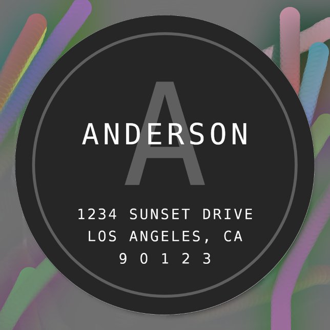 Moderne einfache Monogramm-Adresse | Schwarz-Weiß Runder Aufkleber (Von Creator hochgeladen)