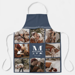 Moderne einfache Navy Blue Foto Collage | Monogram Schürze
