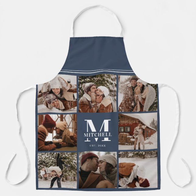 Moderne einfache Navy Blue Foto Collage | Monogram Schürze (Vorderseite)