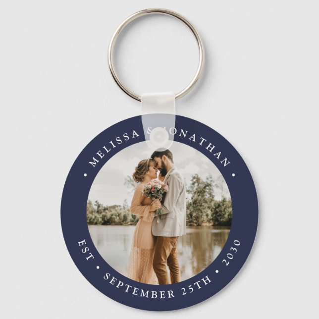 Moderne einfache Navy Blue Foto Gastgeschenk Hochz Schlüsselanhänger (Vorderseite)