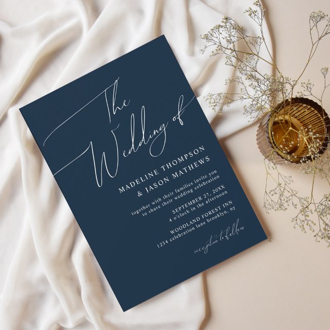Moderne einfache Navy Blue Script The Wedding Einladung (Von Creator hochgeladen)
