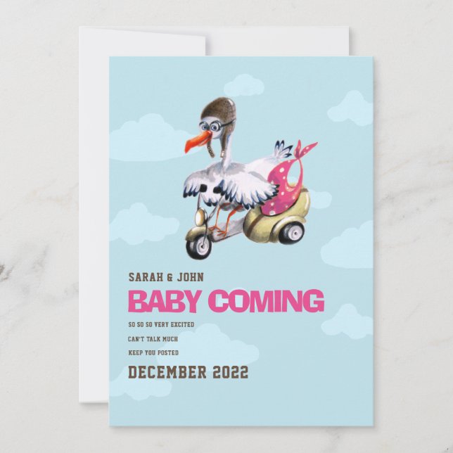 Moderne, einfache, Niedliche, lustige Stork Baby G Ankündigung (Vorderseite)