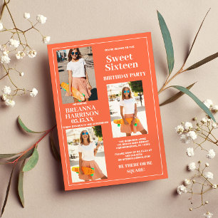 Moderne einfache orange weiße Foto-Sweet-Sixteen-F Einladung