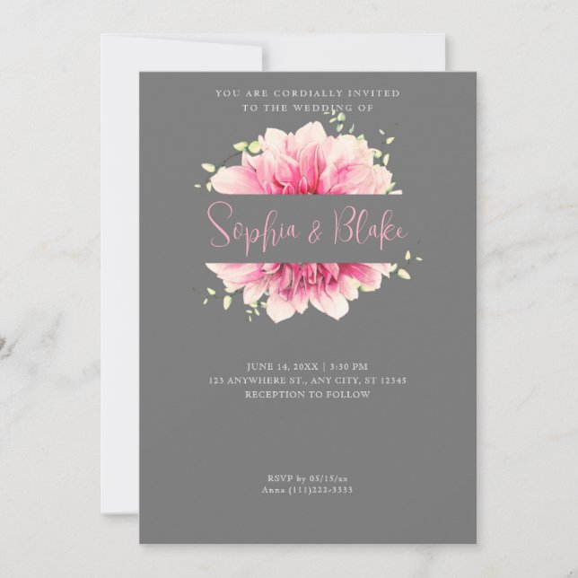Moderne, einfache rosa, florale Gerahmt-graue Hoch Einladung (Vorderseite)