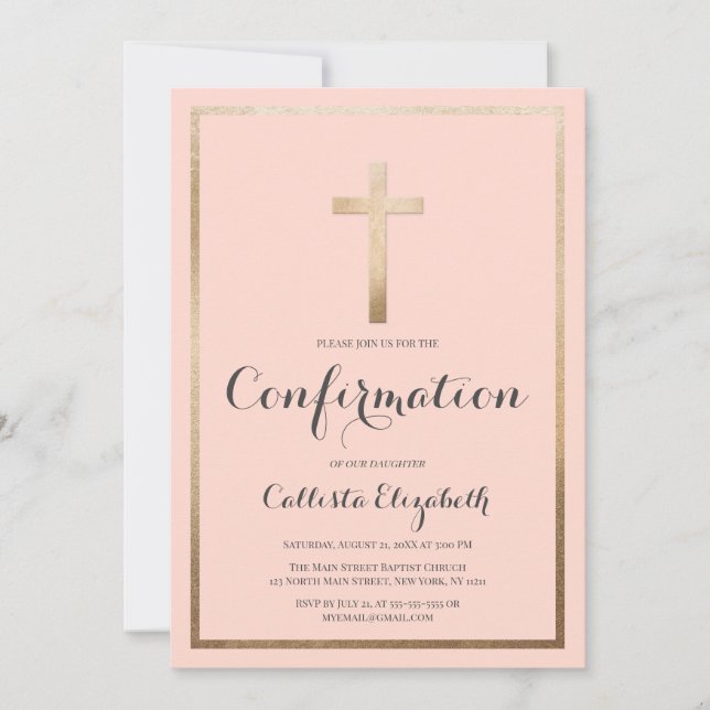Moderne, einfache rosa Gold-Cross-Border-Bestätigu Einladung (Vorderseite)