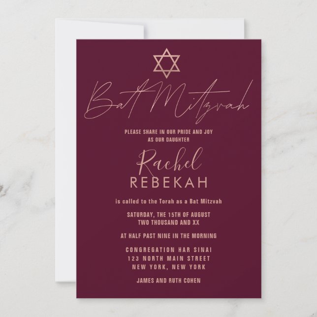 Moderne einfache Rose Gold Burgund Red Bat Mitzvah Einladung (Vorderseite)