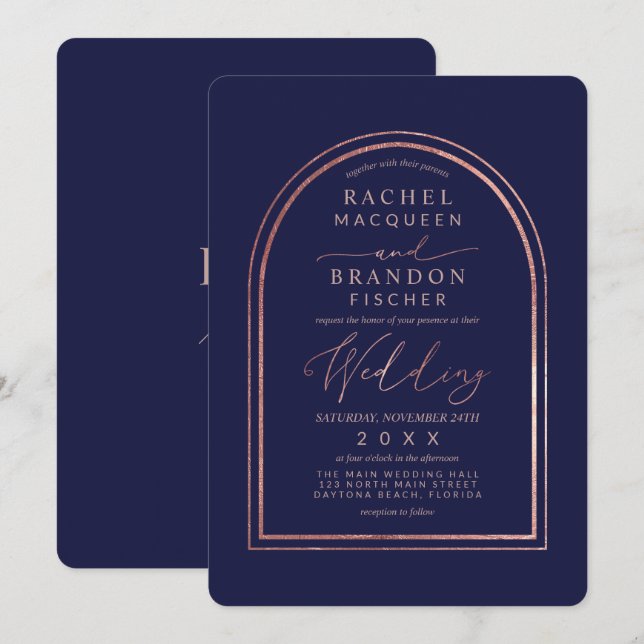 Moderne, einfache Rose Gold Navy Blue Arch Wedding Einladung (Vorne/Hinten)