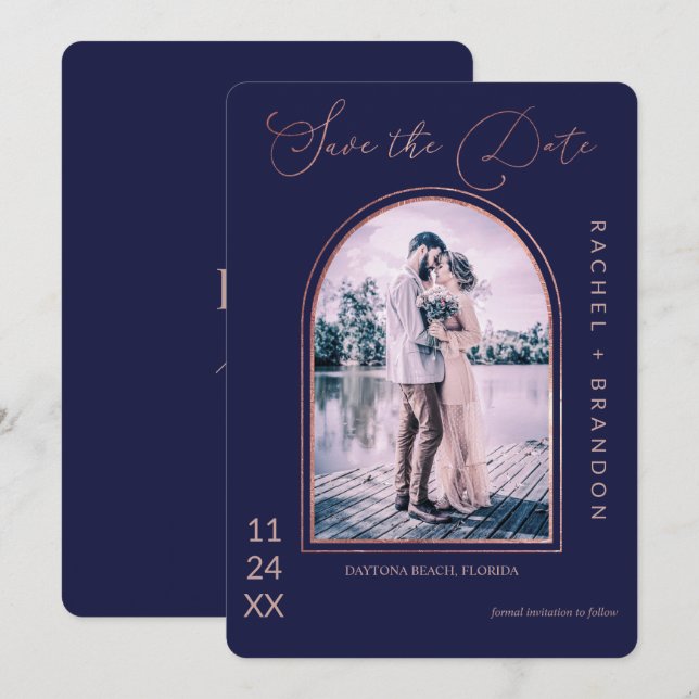 Moderne, einfache Rose Gold Navy Blue Arch Wedding Save The Date (Vorne/Hinten)
