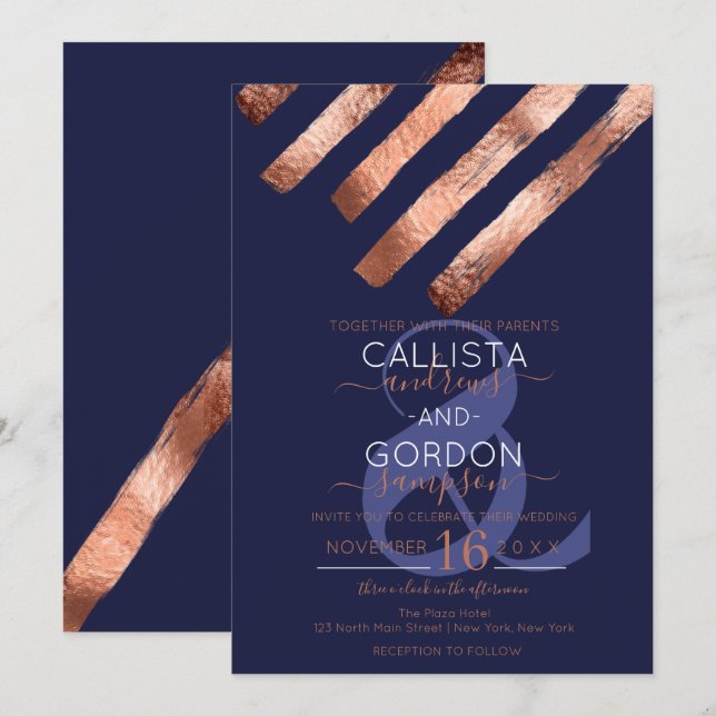 Moderne Einfache Rose Gold Navy Brushstrikes Hochz Einladung (Vorne/Hinten)