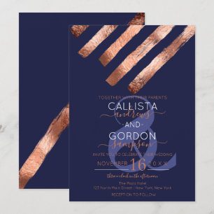 Moderne Einfache Rose Gold Navy Brushstrikes Hochz Einladung
