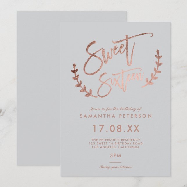 moderne einfache Rose Gold süß 16 Typografie Einladung (Vorne/Hinten)