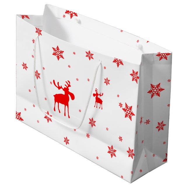 Moderne einfache rote Elch-Schneeflocken Große Geschenktüte (Vorderseite Schrägansicht)