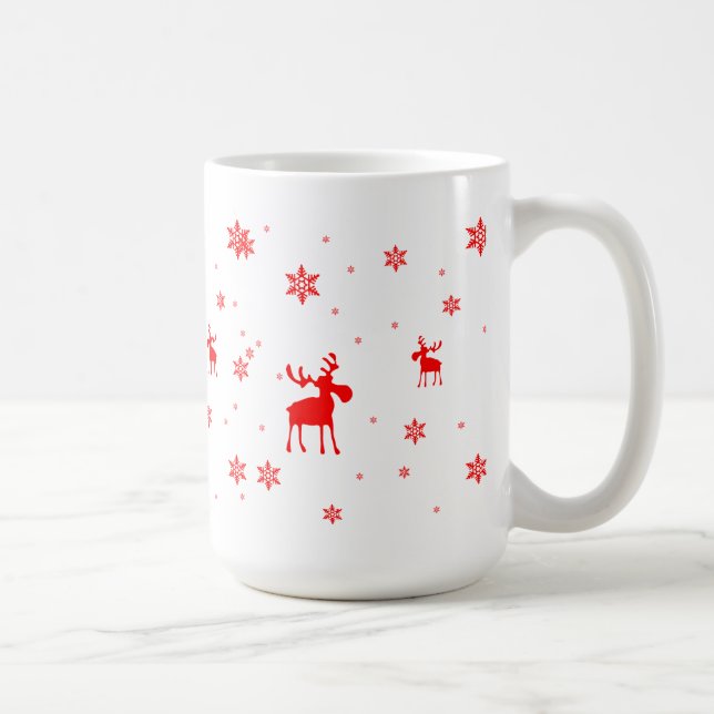 Moderne einfache rote Elch-Schneeflocken Kaffeetasse (Rechts)