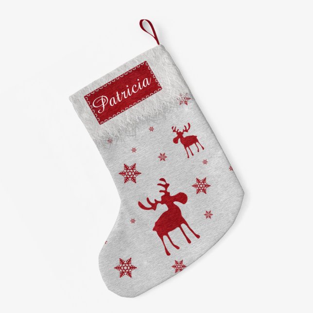 Moderne einfache rote Elch-Schneeflocken Kleiner Weihnachtsstrumpf (Rückseite (Hängend))